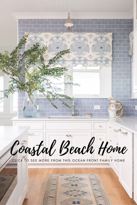 Light Blue Backsplash, Small Coastal Kitchen, Blue Tile Backsplash Kitchen, Beach Home Kitchen, Blue Backsplash Kitchen, Light Blue Tile, Blue Kitchen Tiles, Blue Subway Tile, Wrightsville Beach Nc