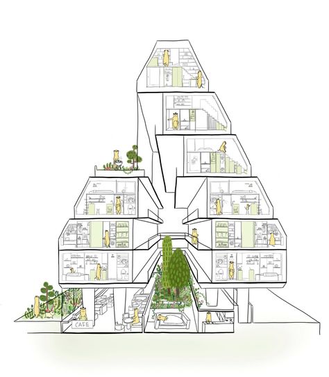 Treehouse is a sloping block of co-living apartments with a tree-filled atrium Building With Atrium Plan, Apartment Complex Architecture, Co Living Apartment, Sustainable Apartment Architecture, Co Housing Architecture, Co Living Concept, Green Atrium, Sustainable Apartment, Collective Living