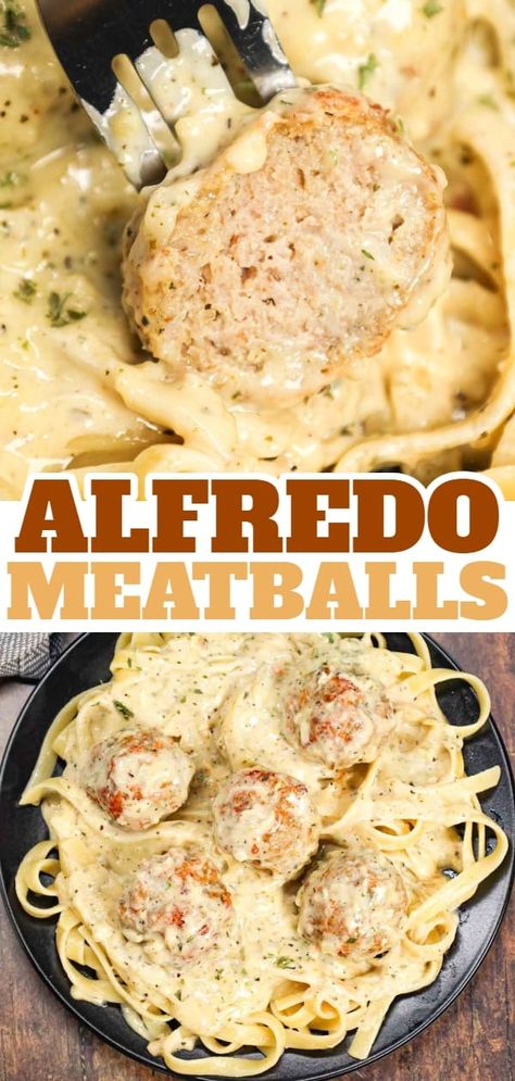 Alfredo Meatballs Crockpot, Meatballs And White Sauce, Meatball And Noodle Recipes, Alfredo Meatloaf, Alfredo And Meatballs, Ground Turkey And Alfredo Sauce Recipes, Italian Meatball Meal Ideas, Recipes Using Italian Meatballs, Chicken Meatball Pasta Recipe