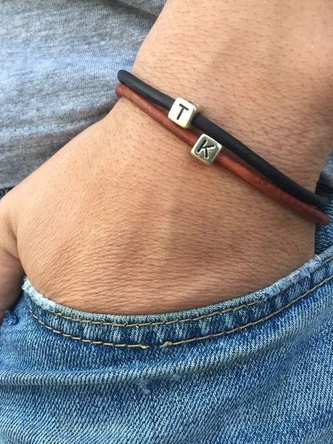 Mens Bracelet Initial Bracelet Men Leather Bracelet #gadget Mens Leather Jewelry, Men Leather Bracelet, Bracelet Couples, Leather Bracelet For Men, Diy Leather Bracelet, Bracelet Initial, Couples Bracelet, Letter Bracelet, Mens Gold Bracelets