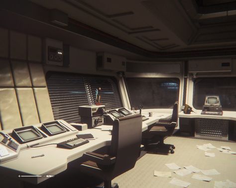 Alien: Isolation (screenshot) Alien Isolation Interior, Alien Isolation Environment, Sci Fi Computer, Cassette Futurism, Sci Fi Aesthetic, Alien Isolation, Spaceship Interior, Brutalist Buildings, Study Room Design