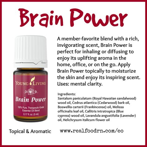 Brain Power Essential Oil. Enjoy its inspiring scent in the home, office or on-the-go. #brainpower #essentialoils Brain Power Young Living, Essential Oil Roller Bottle Recipes, Blue Cypress, Roller Bottle Blends, About Brain, Oils For Health, Essential Oil Companies, Essential Oils Guide, Yl Oils