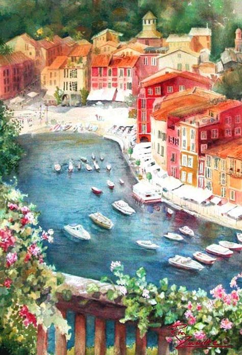 Portofino 1 - Watercolor Painting of Portofino, Italy: Paris Illustration, Portofino Italy, Italian Paintings, Italian Landscape, Architecture Painting, Italian Artist, Painting Photos, Beautiful Buildings, Learn To Paint