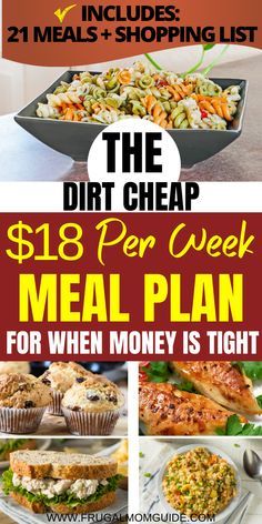 This budget friendly Meal Plan is dirt cheap (at just $18 per week) and is perfect for when money is tight! It includes 7 breakfasts, 7 lunches, 7 dinners and 7 snacks + a shopping list! Meal planning, meal planning on a budget, meal planner, meal planning for beginners, struggle meals, budget meal plan, budgeting, cheap meals on a budget, meal planning on a budget family, dirt cheap meals, grocery list for a family of 4 or 5, cheap meal plan #cheapmeals #mealplanning #grocerylist #grocerybudget Weekly Meal Plan On A Budget Families, Grocery Shopping List On A Budget, Cheap Family Meal Plan, Easy Affordable Dinner Recipes Healthy Meals, 2 Week Budget Meal Plan, Cheap Meals On A Budget 2023, Eating On A Budget For 2, Budget Meal Planning 2023, Meal Plan On A Budget For 4