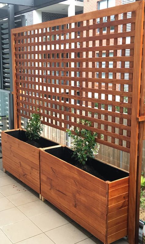 Privacy Fence Planter Boxes, Outside Wall Planter Ideas, Planter Box Plant Ideas, Planter Boxes Around Deck, Trellis Planter Ideas, Privacy Planter Boxes, Flower Box With Trellis, Planter Boxes With Trellis, Trellis Ideas For Privacy