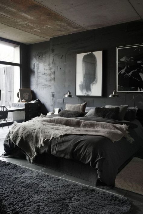 Grey Bedroom Ideas For Men, Bedroom Ideas Men, Dark Gray Bedroom, Dark Grey Rooms, Gray Bedroom Walls, Aurora Rose, Peaceful Bedroom, Masculine Bedroom, Moody Bedroom