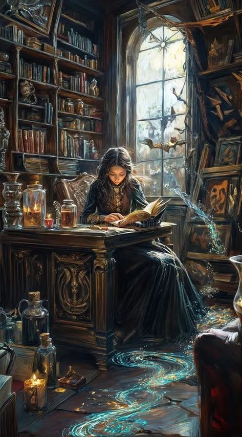 Mystical Witch Reading Spellbook in Enchanted Apothecary, Glowing Potions and Candlelight for a Magical Halloween Vibe royalty free illustration Witch Studying, Victorian Witch Aesthetic, Witch Art Aesthetic, Potion Room, Dark Witch Aesthetic, Apothecary Aesthetic, Witches Lair, Wizard Aesthetic, Witchcore Aesthetic