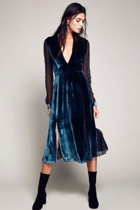 Blue Velvet Dress Outfit, Black Velvet Outfit, Velvet Dress Outfit, Free People Velvet Dress, Velvet Outfit, Fall Fashion Dresses, Women Dress Online, Velvet Dress Long, Free People Velvet