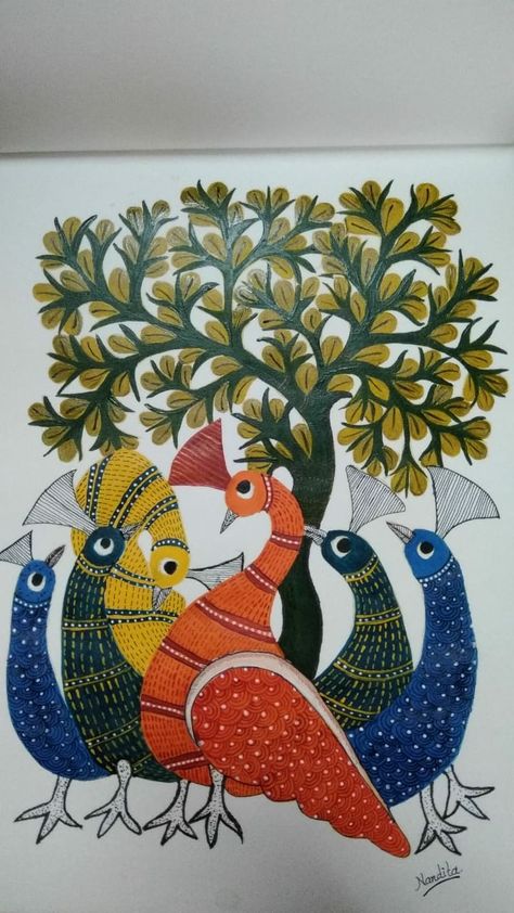 Gond Art On Canvas, Gond Painting Folk Art Indian, Gond Painting Design, Gond Art Motifs, Gond Art Peacock, Gond Painting Folk Art, Gonda Art, Gond Art Paintings, Worli Painting