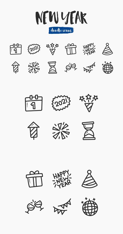 New Year Hand-Drawn Doodle Icons New Year Doodle 2023, New Years Symbols, New Years Calendar Ideas, New Year Drawing Ideas 2023, Happy New Year Doodle Art, New Year’s Eve Drawing, New Year Doodle 2024, New Years Drawings Easy, Happy New Year Sketch