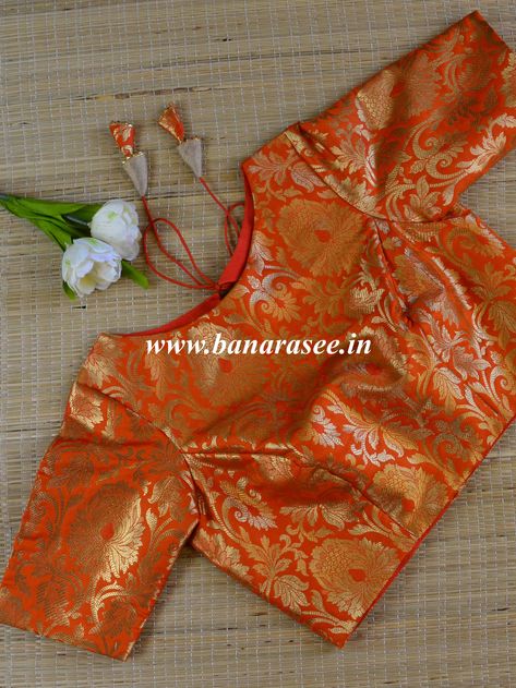 Brocade Blouse Designs Pattern Fashion Styles, Banaras Blouse Designs, Orange Blouse Designs, Blouse Degine, Blouse Hangings, Brocade Blouse Designs, Princess Cut Blouse, Engagement Mehndi, Silk Brocade Fabric