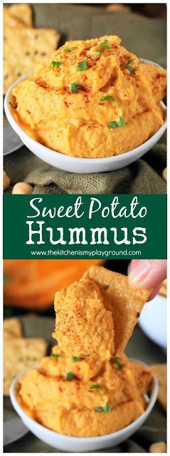 Sweet Potato Hummus ~ Sweet potato, chickpeas, tahini, and fresh lemon juice combine to create a refreshing and delicious twist on traditional #hummus. AD #NewBeginnings #glutenfree #sweetpotatoes www.thekitchenismyplayground.com Sweet Potato Hummus Recipe, Potato Hummus, Tartiflette Recipe, Sweet Potato Hummus, Creamy Hummus, Garlic Hummus, Roasted Potato, Roasted Sweet Potato, Vegan Sweet Potato