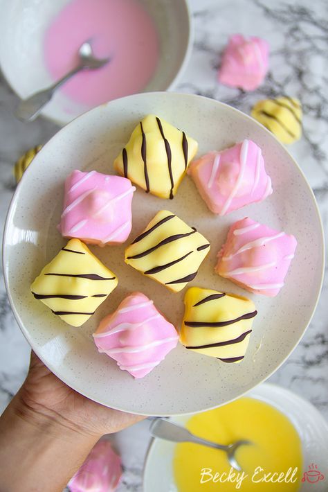 My Gluten Free French Fancies Recipe (dairy free, low FODMAP) French Fancies, Rose Flavored, Pink Food Coloring, Free In French, French Pastry, Yellow Foods, Fondant Icing, Fancy Food, Chocolate Fondant