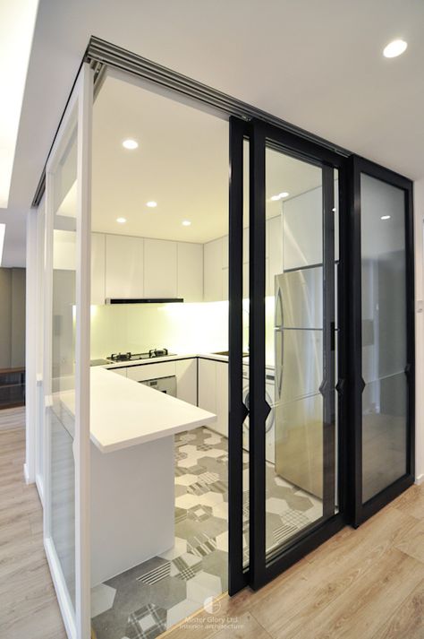 Open Kitchen With Sliding Door, Sliding Door In Kitchen, Kitchen With Sliding Door, Glass Door Design Modern, Kitchen Sliding Glass Door, Kitchen Sliding Door Ideas, Glass Doors For Kitchen, Kitchen Glass Door Design, Bto Kitchen