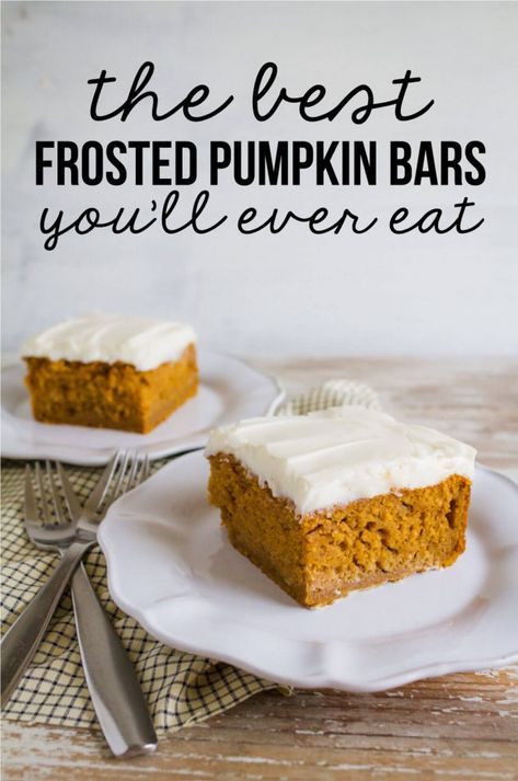 the Best Pumpkin Bars you'll ever eat from www.thirtyhandmadedays.com Best Pumpkin Bars, Pumpkin Cream Cheese Bars, Pumpkin Squares, Pumpkin Sheet Cake, Fall Desserts Easy, Pumpkin Bars, Pumpkin Cream Cheeses, Pumpkin Recipes Dessert, Fall Dessert Recipes