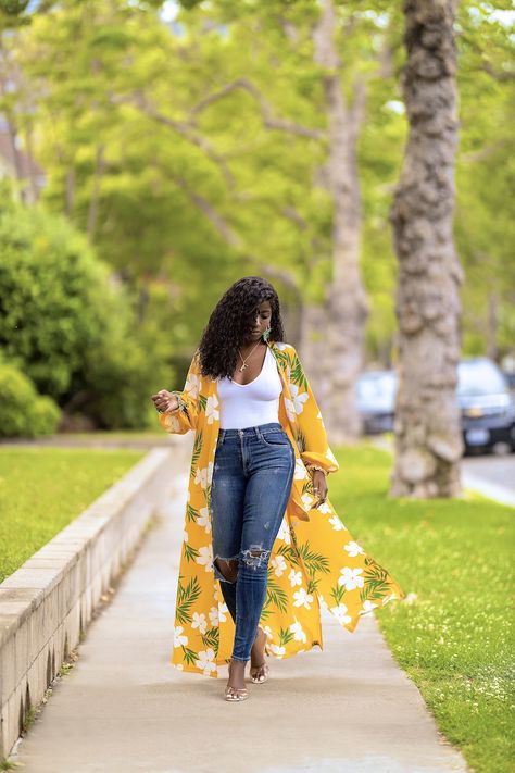 Yellow Floral Print Duster + Tank Bodysuit + Jeans – StylePantry Jeans Outfit Black Women, Kimono With Jeans, Outfit With Yellow, Bodysuit Jeans, Yellow Kimono, Outfit Black Women, Dubai Outfits, Kimono Women, Wardrobe Architect