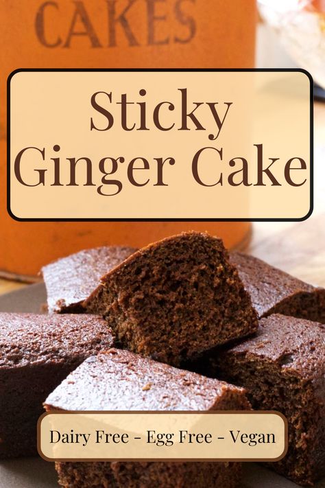 Slices of traditional sticky ginger cake on a plate. There is a vintage orange cake tin in the background. Vegan Ginger Cake, Sticky Gingerbread, Sticky Ginger Cake, Black Treacle, Traditional Christmas Cake, Autumn Baking, Cake Calories, Eggless Desserts, Vegan Cakes