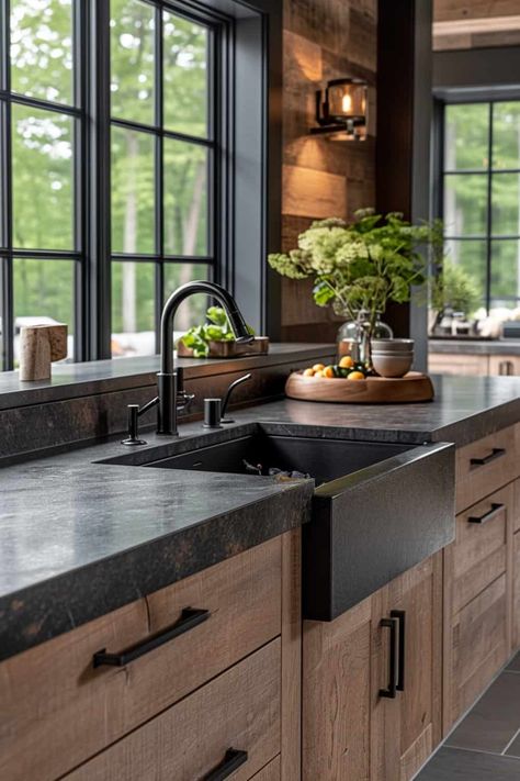 Dream Kitchen Ideas Farmhouse, Black Countertop Oak Cabinets, Wood Kitchen Cabinets Dark Countertop, Black Farm Kitchen, Black Kitchen Wood Accents, Black Stain Wood Cabinets, Kitchen Backsplash With Knotty Alder Cabinets, Black White Tan Kitchen Ideas, Kitchen Color White Cabinets