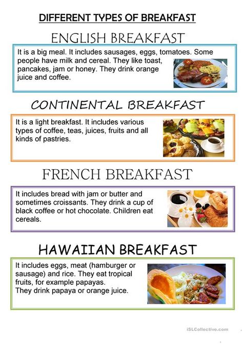 DIFFERENT TYPES OF BREAKFASTS AROUND THE WORLD - English ESL Worksheets for distance learning and physical classrooms Breakfast Menu Design, Hawaiian Breakfast, Breakfast Around The World, Spice World, Woven Mat, Light Breakfast, French Breakfast, Continental Breakfast, Breakfast Menu