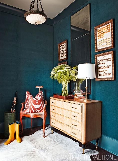 Love the rich color of this wall covering! Very warm and inviting!  Upholstery on walls is Cannes/Pavo velvet by Latimer Alexander! Trim paint is Amazon Green by BM. Orange pillow fabric is Orange Sag Ikat thru R. Higgins Interiors. Pale Blue Walls, Blue Bedroom Walls, Navy Blue Bedrooms, Dark Blue Walls, Bedroom Pink, Navy Walls, Teal Walls, Blue Paint Colors, Versatile Furniture