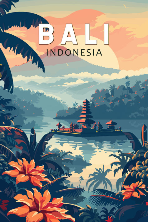 Retro-style illustration of Bali, Indonesia, featuring a serene temple on the water surrounded by lush greenery and vibrant flowers. The sunset casts a warm glow over the landscape, creating a tranquil and inviting scene. Bali Vintage Poster, Countries Aesthetic, Bali Illustration, Wallpaper Bali, Bali Poster, Vacation Illustration, Ogoh Ogoh, Bali Aesthetic, Balinese Art