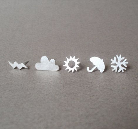 sterling silver weather forecast ear studs (set of 6 ear studs), handmade in England Weather Earrings, British Weather, Stud Set, Earrings Studs, Weather Forecast, Stud Earrings Set, Sea Glass Jewelry, Ear Studs, Cute Jewelry