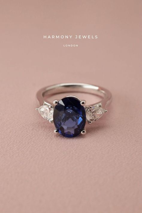 Diamond Trilogy Ring, Trilogy Engagement Ring, Rings Sapphire, Blue Engagement Ring, Trilogy Ring, When I Get Married, Cool Jewelry, Pear Shaped Diamond, Secret Wedding