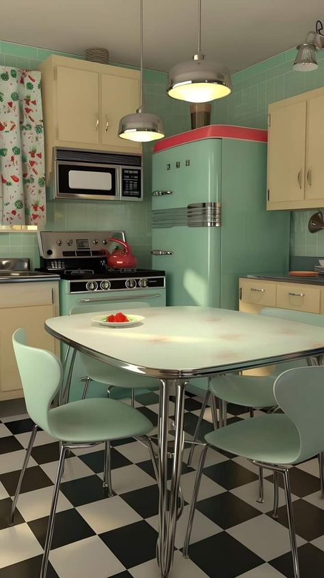 1950 Home Decor Interior Design, 50s Retro Kitchen, Retro Diner Kitchen Ideas, Vintage Appliances Kitchen, 50s Appliances, 1950s Appliances, 50s House Interior, 50s Suburbia, 1950s Aesthetic Home