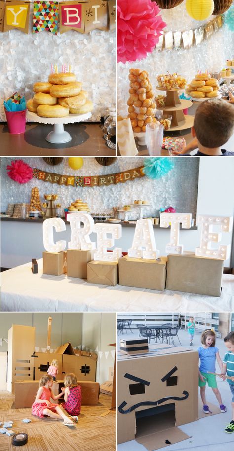 Such a fun party theme that allows kids to use their imagination and creativity! Here's all of the details from our cardboard box party! Cardboard Box Birthday Party, Cardboard Box Party, Cardboard Boxes Kids, Kids Party Boxes, Cardboard Box Crafts, Fun Party Themes, Themed Birthday Cakes, Kids Ideas, State Fair