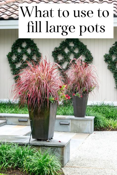 What To Plant In Planters, Inexpensive Planters Outdoor, Pot Fillers For Large Pots, Large Planter Ideas Outdoor Full Sun, Planter Filler Ideas, Diy Potted Plants Outdoors, Planters Idea, Huge Planter Ideas, Large Porch Planter Ideas