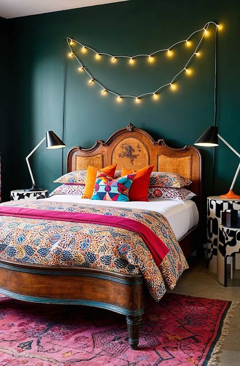 Mixing patterns and textures with flair, this bedroom features a bold, patterned duvet cover and colorful accent pillows. An antique wooden bedframe stands out against deep, forest green walls. Mismatched bedside tables and unique lamps give a playful, curated look. String lights draped across a wall add a touch of whimsy. Forest Green Walls, Colorful Accent Pillows, Patterned Duvet Cover, Cozy Eclectic, Cozy Bedroom Design, Cozy Bedrooms, Mixing Patterns, Patterned Duvet, Cozy Fall Bedroom