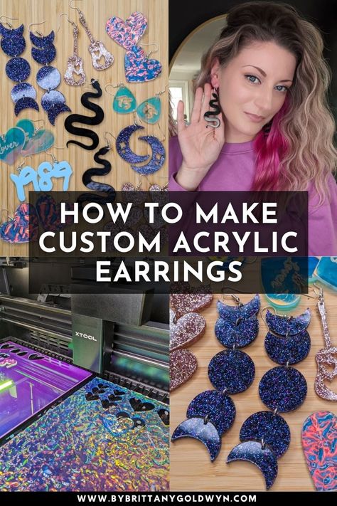 All about making acrylic earrings with the xTool P2 Cardstock Earrings Diy, How To Make Acrylic Earrings Diy, Acrylic Earrings Laser Cut Tutorial, How To Make Acrylic Earrings, Uv Resin Earring Ideas, Laser Acrylic Ideas, Xtool P2 Projects, Acrylic Earrings Diy, Cricut Earrings Diy