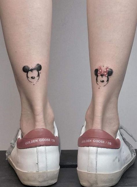 Mini And Mickey Tattoos, Matching Mickey And Minnie Tattoos, Disney Ankle Tattoo, Disney Couples Tattoos, Mickey Minnie Tattoo, Disney Small Tattoo Ideas, Mickey And Minnie Tattoo, Disney Tattoos Mickey, Mickey Mouse Tattoo Ideas