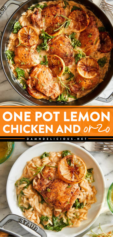 A must-try chicken dish! This chicken orzo recipe lets you have a simple weeknight dinner that has sneaked-in greens. Creamy with the right amount of citrus, this One Pot Lemon Chicken and Orzo is so good! Lemon Chicken And Orzo, Lemony Orzo, Grain Dishes, Chicken And Orzo, Creamy Orzo, Winning Recipes, Fast Dinner, Orzo Recipes, Mediterranean Dishes