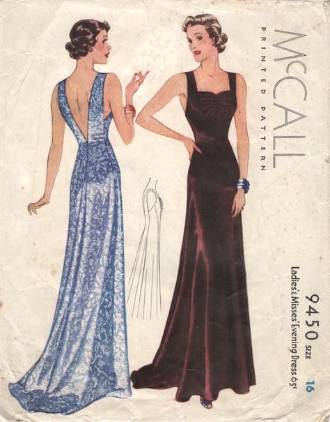 Evening Dress Patterns, Patron Vintage, 30s Fashion, 20th Century Fashion, Vintage Dress Patterns, Vintage Gowns, 1930s Fashion, 1940s Fashion, Moda Vintage