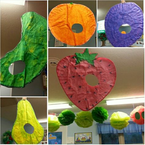 For big caterpillar Caterpillar Craft Preschool, Hungry Caterpillar Classroom, Hungry Caterpillar Food, Caterpillar Preschool, Tissue Paper Poms, Eric Carle Classroom, Caterpillar Activities, The Very Hungry Caterpillar Activities, Hungry Caterpillar Craft