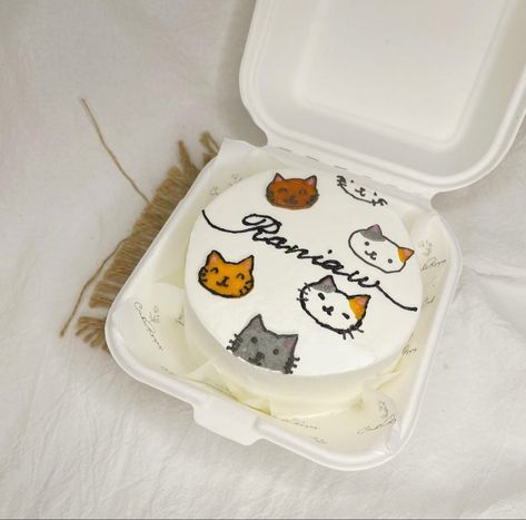 Cat Lunchbox Cake, Simple Cat Birthday Cake, Birthday Cake Cat Design, Bento Cake Cat Design, Cat Cake Ideas Birthday, Korean Cake Cat, Simple Cat Cake, Cat Bento Cake, Cake Cat Design