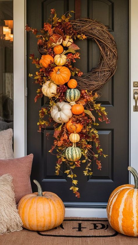 Create a sophisticated seasonal look with elegant fall porch decor ideas that blend style and grace for the perfect autumn ambiance. Autumn Decor Front Door, Autumn Outdoor Decorations, Autumn Porch Decorations, Autumn Yard Decor, Harvest Front Porch Ideas, Fall Front Entrance Decor, Front Porch Christmas Decor Ideas Modern, Fall Porch Ideas 2024, Fall Decor Outside Front Porches