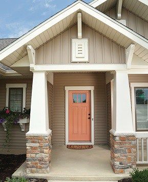 These column wraps just wrap around your existing post, so you beef them up a bit. I love the way this looks with the stone at the bottom! #Craftsman #column #frontdoor #entry #curbappeal Post Wrap Ideas, Outside House Makeover, Craftsman Porch Columns, Porch Column Ideas, Porch Post Ideas, Porch Post Wraps, Alaska Hotel, Porch Column Wraps, Cozy Craftsman