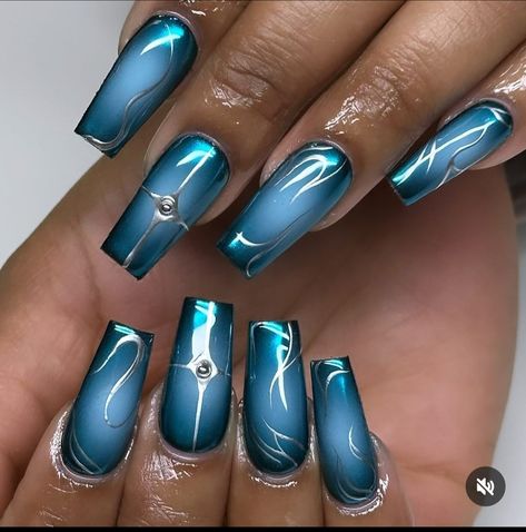 Square Airbrush Nails, Blue Aura Nails Short, Blue Nail Acrylic, Airbrush Nail Designs, Grad Nails, Airbrush Nail, Green Acrylic Nails, Nail Acrylic, Formal Nails