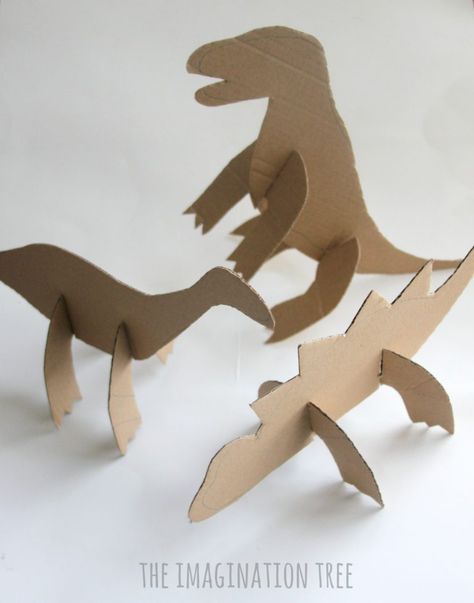 Make a cardboard dinosaur craft for your dino loving kids with this super simple cut and slot method of construction! Great for older kids to do alone or to make for little ones to decorate and play with on a rainy day. Cardboard truly is the BEST art material available as far as I am...Read More » Dinosaur Craft Kids, Cardboard Dinosaur, Dinosaur Small World, Dinosaur Template, Kids Woodworking Projects, Dinosaur Craft, Sculpture Images, Imagination Tree, Dinosaur Activities