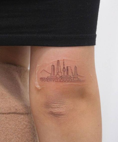 Seoul Tower Tattoo, Tokyo Skyline Tattoo, South Korea Tattoo Ideas, Korean Inspired Tattoos South Korea, Korea Inspired Tattoo, Singapore Tattoo Ideas, Korean Tattoo Ideas South Korea, South Korea Tattoo, Skyline Tattoo Ideas