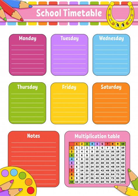 School timetable with multiplication table. for the education of children. Premium Vector Timetable Planner, Homework Schedule, School Timetable, Pumpkin Vector, Multiplication Table, About School, School Schedule, School Planner, Cute Cartoon Characters