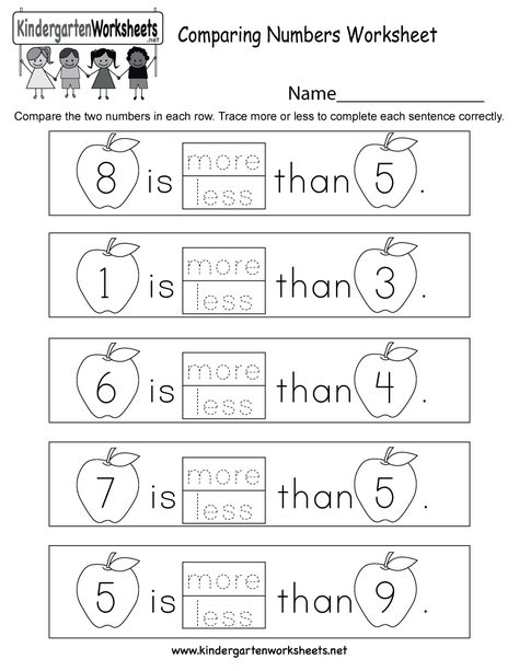 Kids are asked to compare two numbers and decide if the first number is more or less than the second one in this free kindergarten worksheet. Numbers Kindergarten Worksheets, Comparing Numbers Kindergarten, Comparing Numbers Worksheet, Number Worksheets Kindergarten, Kindergarten Math Free, Kindergarten Math Worksheets Free, Numbers Worksheets, Comparing Numbers, Free Preschool Worksheets