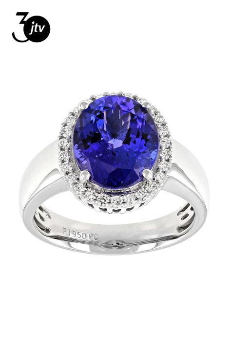 3.50ct Oval Tanzanite With 0.25ctw Round White Diamond Platinum Ring. Measures Approximately 0.50"L x 0.54"W. Finished Under Gallery Diamond Platinum Ring, Platinum Diamond Rings, Blue Tanzanite, Blue Jewelry, Platinum Ring, White Diamond, Blue And Purple, Platinum, Ring