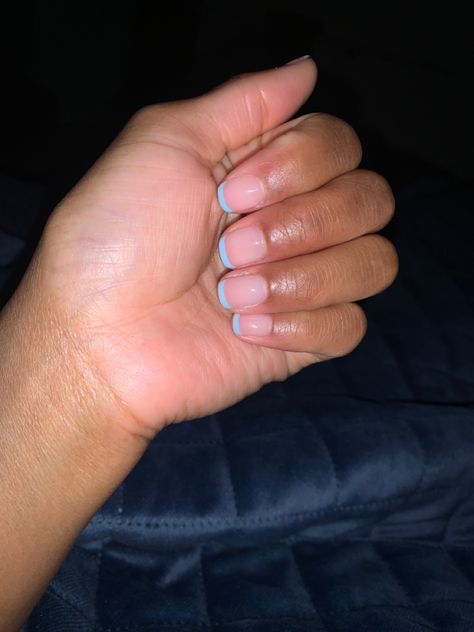 Blue French Tip Nails Natural Nail, Light Blue And White Nails Acrylic Short, Light Blue Natural Nails, Blue French Manicure, Gel French Tips, Gel Nail Light, Short French Tip Nails, Skirt Cardigan, Blue And White Nails