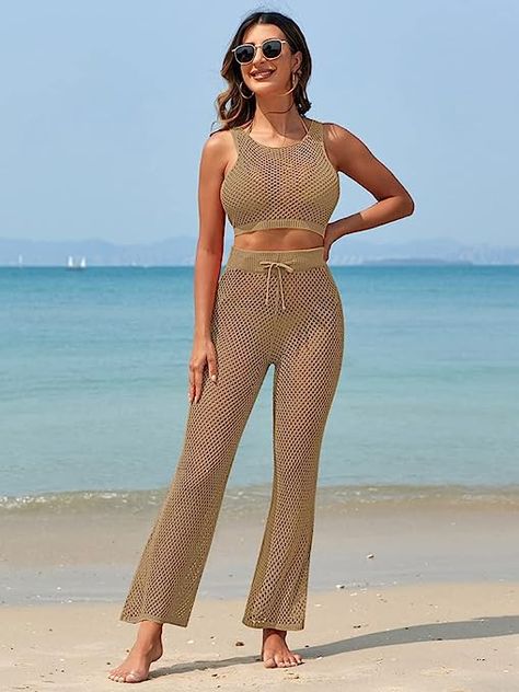 Pink Queen Women's Swimsuit Cover Up Set 2 Pieces Crochet Sleeveless Crop Top Wide Leg Long Pants Beach Coverups Beach Coverups, Crochet Fabric, 2 Piece Swimsuits, Tall Girl, Sleeveless Crop Top, Swimsuit Cover Ups, Swimsuit Cover, Amazon Fashion, Long Pants