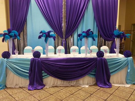 Lovely purple, blue and silver Teal Purple And Silver Wedding, Blue Purple Decorations, Tiffany Blue And Purple Wedding, Purple Blue Silver Party Decorations, Turquoise And Purple Wedding Decorations, Blue Purple Black Party Decor, Royal Blue And Purple Wedding Theme Wedding Ceremony Decor, Purple Turquoise Wedding Reception, Purple And Blue Party Decorations