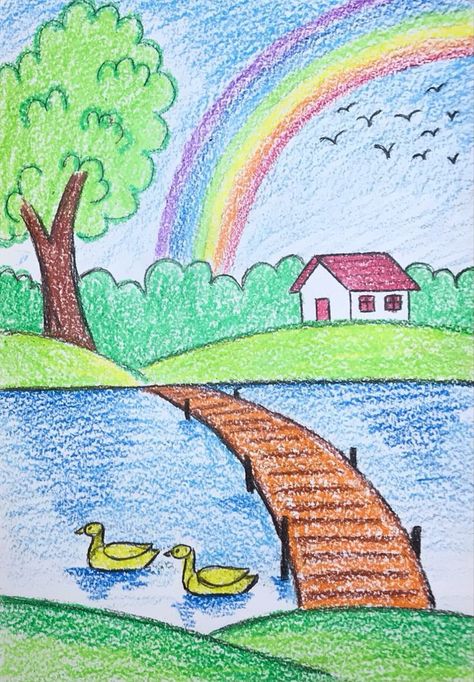 Nature Drawing For Kids, Draw Mickey Mouse, Easy Nature Drawings, Easy Steps To Draw, Steps To Draw, Easy Scenery Drawing, Oil Pastel Drawings Easy, Easy Art For Kids