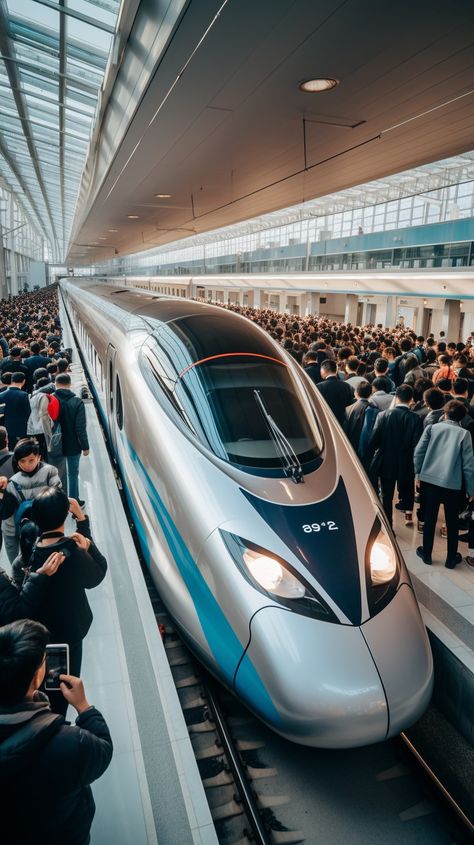 Sleek Bullet Train: Crowded station filled with passengers waiting as a modern high-speed bullet train arrives on the platform. #train #station #crowded #passengers #modern #aiart #aiphoto #stockcake ⬇️ Download and 📝 Prompt 👉 https://ayr.app/l/Qvpa Train Images, Bullet Train, Speed Training, Blue Forest, Old Door, Science Facts, The Platform, Go Camping, Train Station